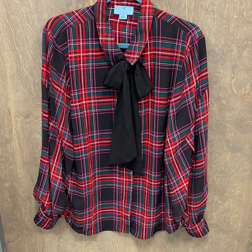 CECELIA NEW YORK Red and Black Plaid Blouse with Bow